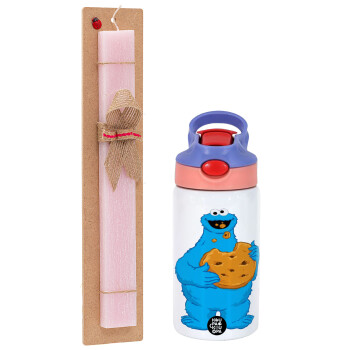 Cookie Monster, Πασχαλινό Σετ, Παιδικό παγούρι θερμό, ανοξείδωτο, με καλαμάκι ασφαλείας, ροζ/μωβ (350ml) & πασχαλινή λαμπάδα αρωματική πλακέ (30cm) (ΡΟΖ)