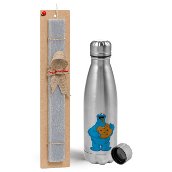 Cookie Monster, Easter Set, metallic Inox water bottle (750ml) & aromatic flat Easter candle (30cm) (GRAY)