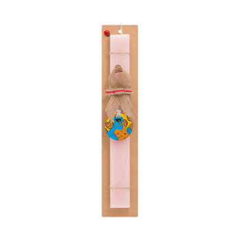 Cookie Monster, Πασχαλινό Σετ, ξύλινο μπρελόκ & πασχαλινή λαμπάδα αρωματική πλακέ (30cm) (ΡΟΖ)