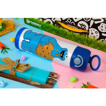 Cookie Monster, Πασχαλινή Λαμπάδα με Παιδικό παγούρι θερμό, ανοξείδωτο, με καλαμάκι ασφαλείας, ΜΠΛΕ (500ml)