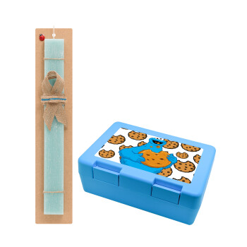 Cookie Monster, Πασχαλινό Σετ, παιδικό δοχείο κολατσιού ΓΑΛΑΖΙΟ & πασχαλινή λαμπάδα αρωματική πλακέ (30cm) (ΤΙΡΚΟΥΑΖ)