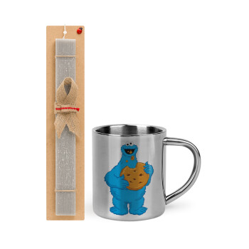 Cookie Monster, Easter Set, metallic thermal cup (300ml) & Easter aromatic flat candle (30cm) (GRAY)