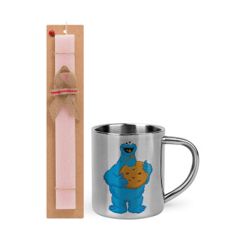 Cookie Monster, Πασχαλινό Σετ, μεταλλική κούπα θερμό (300ml) & πασχαλινή λαμπάδα αρωματική πλακέ (30cm) (ΡΟΖ)