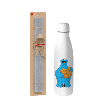 Cookie Monster, Πασχαλινό Σετ, μεταλλικό παγούρι θερμός ανοξείδωτο (500ml) & πασχαλινή λαμπάδα αρωματική πλακέ (30cm) (ΓΚΡΙ)