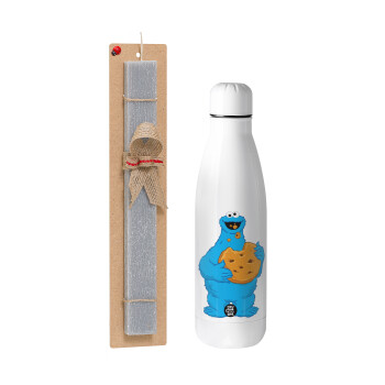 Cookie Monster, Easter Set, metallic stainless thermos bottle (500ml) & scented flat Easter candle (30cm) (GRAY)