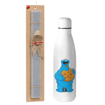 Cookie Monster, Πασχαλινό Σετ, μεταλλικό παγούρι Inox (700ml) & πασχαλινή λαμπάδα αρωματική πλακέ (30cm) (ΓΚΡΙ)