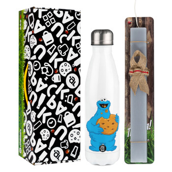 Cookie Monster, Easter candle, metallic white thermos bottle (500ml) & aromatic flat candle (30cm) (GRAY)