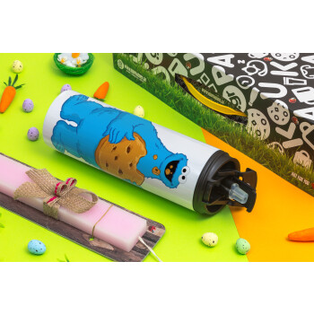 Cookie Monster, Easter candle,Travel Tumbler 2 Lids, with metal straw & cleaning brush & aromatic flat candle (30cm) (PINK)