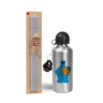 Cookie Monster, Easter Set, metallic silver aluminum water bottle (500ml) & aromatic flat Easter candle (30cm) (GRAY)