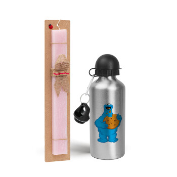 Cookie Monster, Easter Set, metallic Silver aluminum water bottle (500ml) & scented flat Easter candle (30cm) (PINK)