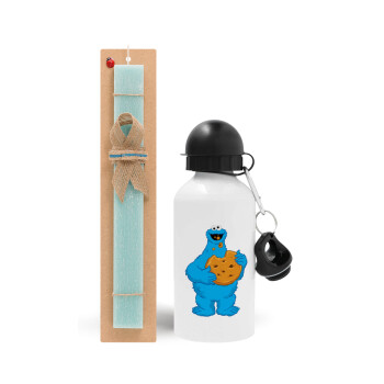 Cookie Monster, Πασχαλινό Σετ, παγούρι μεταλλικό αλουμινίου (500ml) & λαμπάδα αρωματική πλακέ (30cm) (ΤΙΡΚΟΥΑΖ)