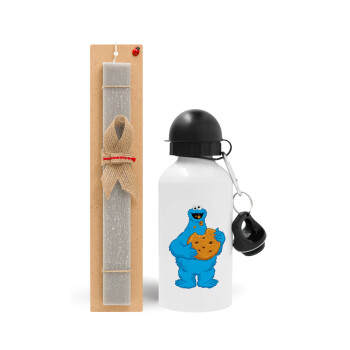 Cookie Monster, Πασχαλινό Σετ, παγούρι μεταλλικό αλουμινίου (500ml) & πασχαλινή λαμπάδα αρωματική πλακέ (30cm) (ΓΚΡΙ)