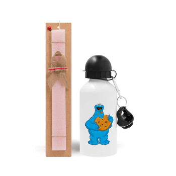 Cookie Monster, Πασχαλινό Σετ, παγούρι μεταλλικό αλουμινίου (500ml) & πασχαλινή λαμπάδα αρωματική πλακέ (30cm) (ΡΟΖ)