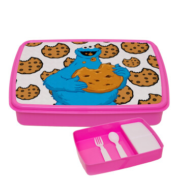 Cookie Monster, ΡΟΖ παιδικό δοχείο φαγητού (lunchbox) πλαστικό με παιδικά μαχαιροπίρουρα & 2 εσωτερικά δοχεία (BPA-FREE) Lunch Βox M23 x Π18 x Υ4cm