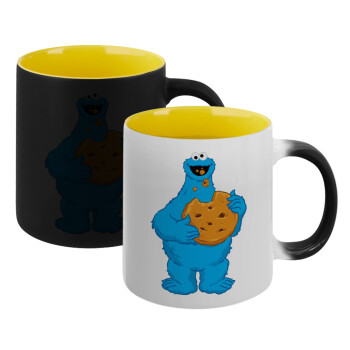 Cookie Monster, Κούπα Μαγική εσωτερικό κίτρινη, κεραμική 330ml που αλλάζει χρώμα με το ζεστό ρόφημα (1 τεμάχιο)