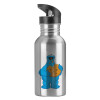 Water bottle Silver with straw, stainless steel 600ml
