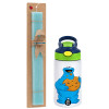 Easter Set, Children's thermal stainless steel bottle with safety straw, green/blue (350ml) & aromatic flat Easter candle (30cm) (TURQUOISE)