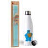 Easter Set, metallic stainless steel water bottle (750ml) & aromatic flat Easter candle (30cm) (TURQUOISE)
