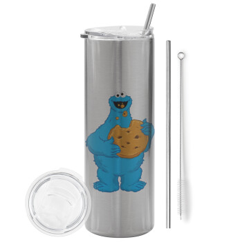 Cookie Monster, Eco friendly ποτήρι θερμό Ασημένιο (tumbler) από ανοξείδωτο ατσάλι 600ml, με μεταλλικό καλαμάκι & βούρτσα καθαρισμού