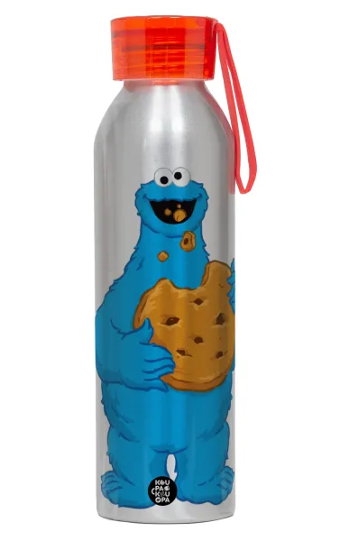 Cookie Monster — Αλουμινένιο Αθλητικό Μπουκάλι 650ml – Ασημί με Κόκκινο Καπάκι και Λουράκι Σιλικόνης