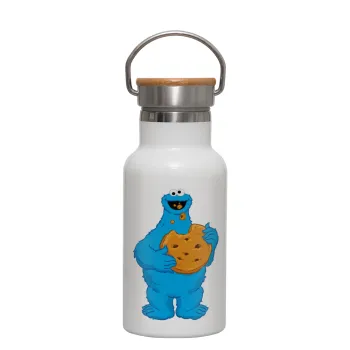 Cookie Monster, Metallic thermos (Stainless steel) White with wooden lid (bamboo), double-walled, 350ml