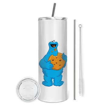Cookie Monster, Tumbler ποτήρι θερμό από ανοξείδωτο ατσάλι 600ml, με μεταλλικό καλαμάκι & βούρτσα καθαρισμού