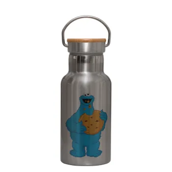 Cookie Monster, Μεταλλικό παγούρι θερμός (Stainless steel) Ασημένιο με ξύλινο καπακι (bamboo), διπλού τοιχώματος, 350ml