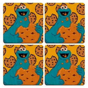 Cookie Monster, ΣΕΤ x4 Σουβέρ ξύλινα τετράγωνα plywood (9cm)
