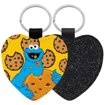 Cookie Monster, Μπρελόκ PU δερμάτινο glitter καρδιά ΜΑΥΡΟ