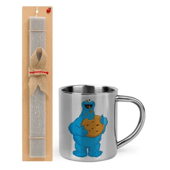 Cookie Monster, Easter Set, metallic thermal cup (300ml) & Easter aromatic flat candle (30cm) (GRAY)