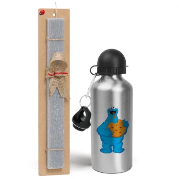 Cookie Monster, Easter Set, metallic silver aluminum water bottle (500ml) & aromatic flat Easter candle (30cm) (GRAY)