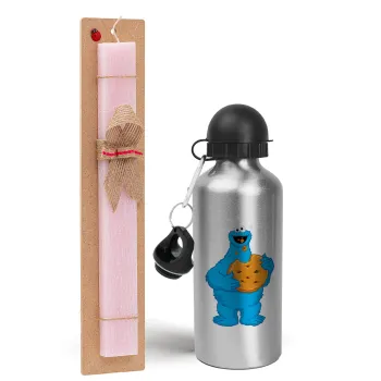 Cookie Monster, Easter Set, metallic Silver aluminum water bottle (500ml) & scented flat Easter candle (30cm) (PINK)