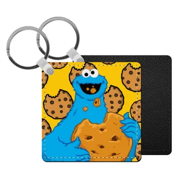 Cookie Monster, Μπρελόκ Δερματίνη, τετράγωνο ΜΑΥΡΟ (5x5cm)