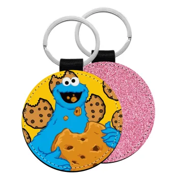 Cookie Monster, Μπρελόκ Δερματίνη, στρογγυλό ΡΟΖ (5cm)