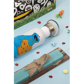 Cookie Monster, Πασχαλινή Λαμπάδα με παγούρι μεταλλικό (620ml, stainless steel) & κερί αρωματικό πλακέ (30cm) (ΤΙΡΚΟΥΑΖ)