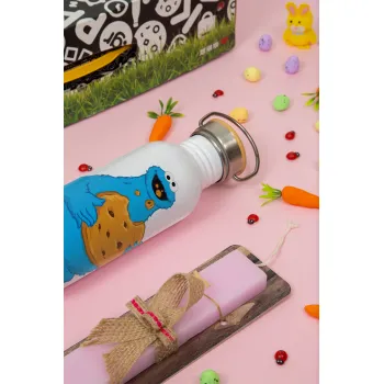 Cookie Monster, Πασχαλινή Λαμπάδα με παγούρι μεταλλικό (620ml, stainless steel) & κερί αρωματικό πλακέ (30cm) (ΡΟΖ)