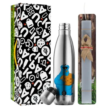 Cookie Monster, Easter Set, metallic stainless thermos flask (500ml) & scented flat Easter candle (30cm) (GRAY)