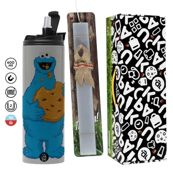Cookie Monster, Πασχαλινή Λαμπάδα με Travel Tumbler θερμό (600ml, BPA free) & κερί αρωματικό πλακέ (30cm) (ΓΚΡΙ)