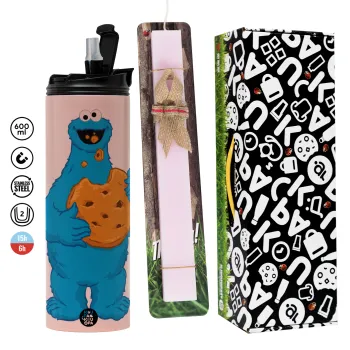 Cookie Monster, Πασχαλινή Λαμπάδα με  ΡΟΖ Travel Tumbler θερμό (600ml, BPA free) & κερί αρωματικό πλακέ (30cm) (ΡΟΖ)