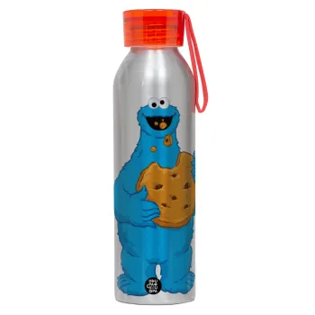 Cookie Monster, Αλουμινένιο Αθλητικό Μπουκάλι 650ml – Ασημί με Κόκκινο Καπάκι και Λουράκι Σιλικόνης