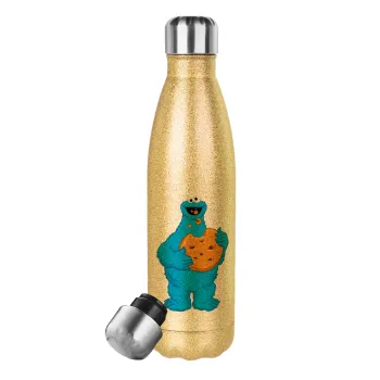 Cookie Monster, Glitter gold stainless steel thermos bottle, double-walled, 500ml