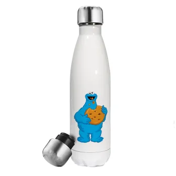 Cookie Monster, Μεταλλικό παγούρι θερμός Λευκό (Stainless steel), διπλού τοιχώματος, 500ml