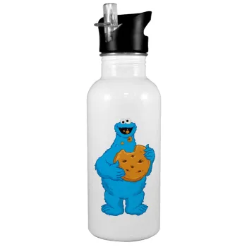 Cookie Monster, Παγούρι νερού Λευκό με καλαμάκι, ανοξείδωτο ατσάλι 600ml