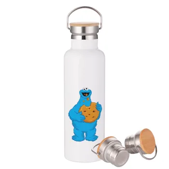 Cookie Monster, Stainless steel White with wooden lid (bamboo), double wall, 750ml