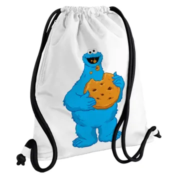 Cookie Monster, Τσάντα πλάτης πουγκί GYMBAG λευκή, με τσέπη (40x48cm) & χονδρά κορδόνια