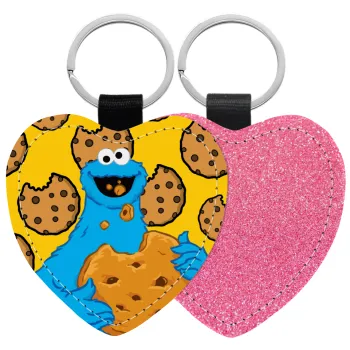 Cookie Monster, Μπρελόκ PU δερμάτινο glitter καρδιά ΡΟΖ