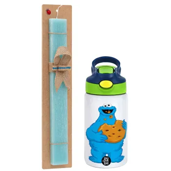 Cookie Monster, Easter Set, Children's thermal stainless steel bottle with safety straw, green/blue (350ml) & aromatic flat Easter candle (30cm) (TURQUOISE)