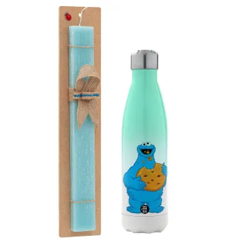 Cookie Monster, Easter Set, Metallic green/white thermos (Stainless steel), double-walled, 500ml & scented flat Easter candle (30cm) (TURQUOISE)
