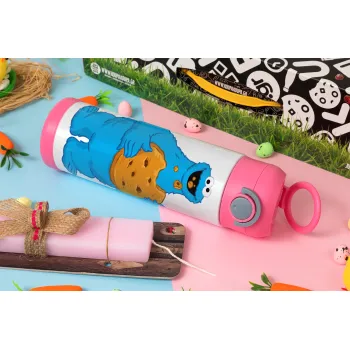 Cookie Monster, Πασχαλινή Λαμπάδα με Παιδικό παγούρι θερμό, ανοξείδωτο, με καλαμάκι ασφαλείας, ΡΟΖ (500ml)
