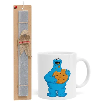 Cookie Monster, Πασχαλινή Λαμπάδα με Κούπα κεραμική (330ml) & κερί αρωματικό πλακέ (30cm) (ΓΚΡΙ)